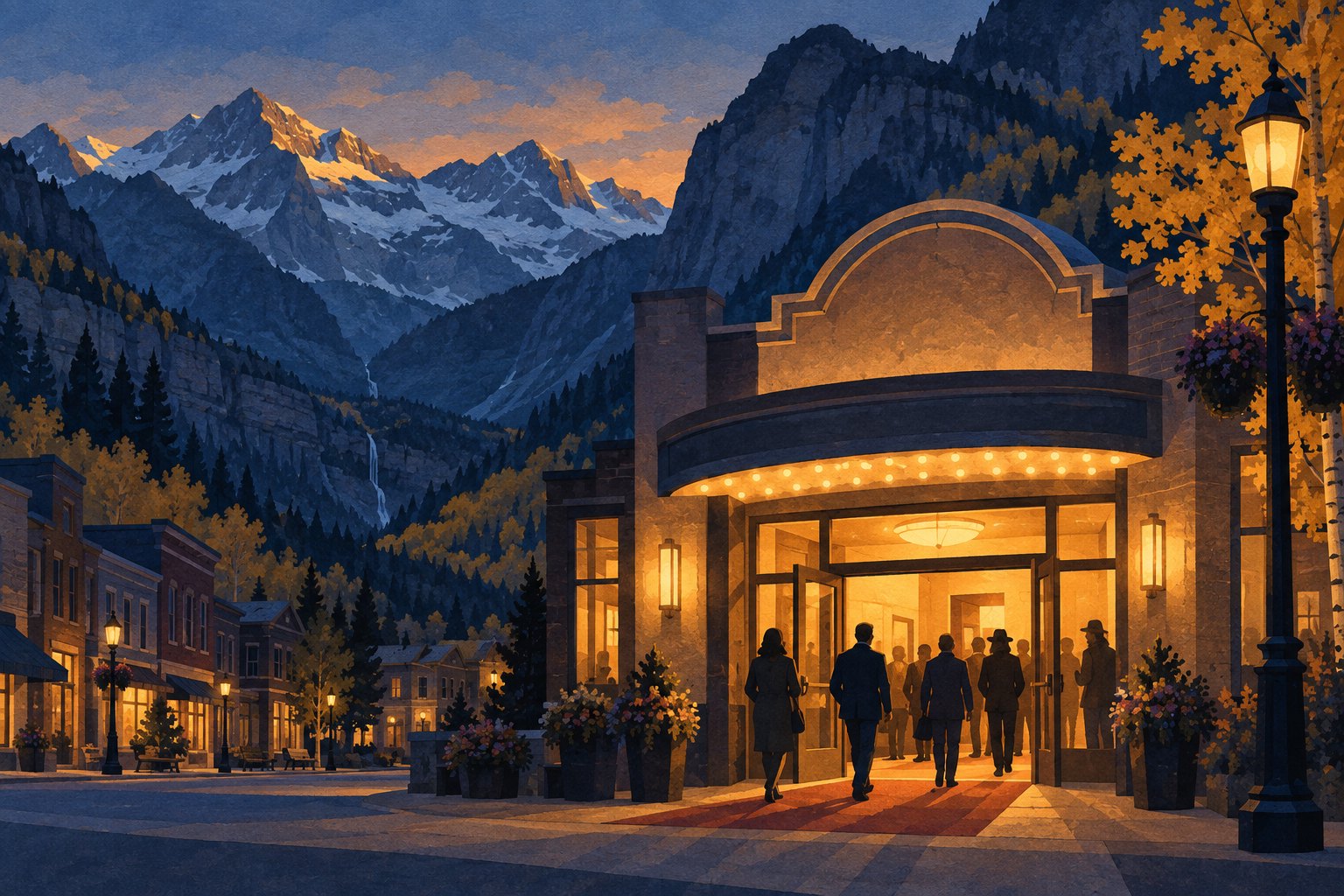 Painterly illustration of visitors approaching a warmly lit cinema beneath mountains at dusk.