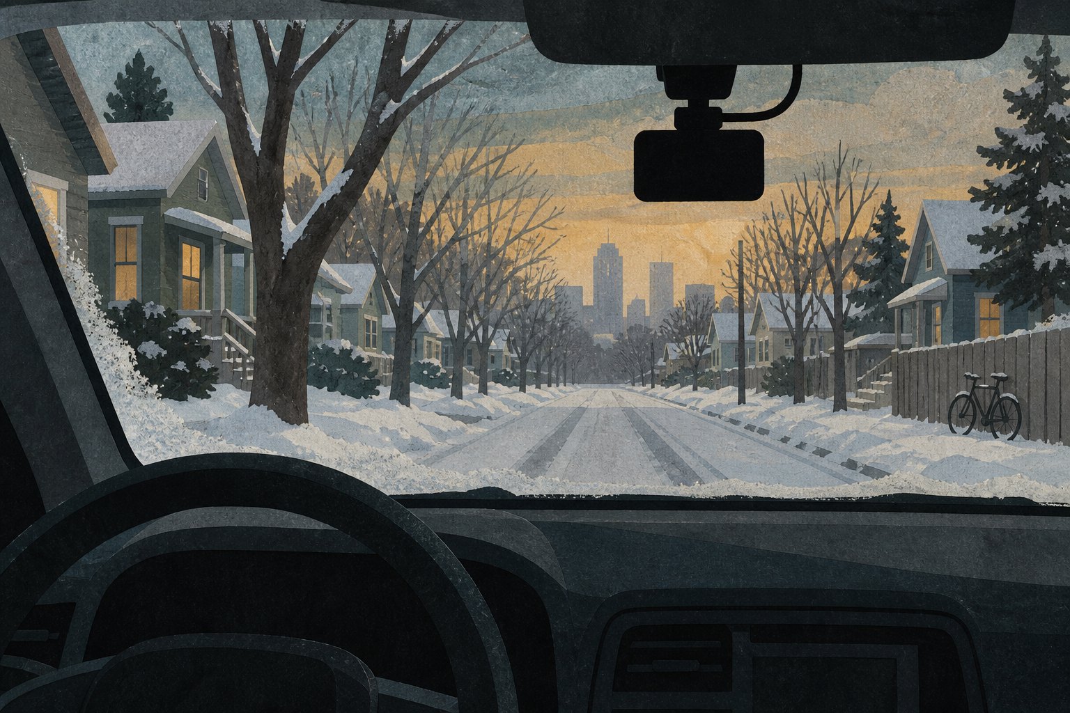 Conceptual illustration of a dashboard camera overlooking a snowy residential street through a parked car’s windshield.