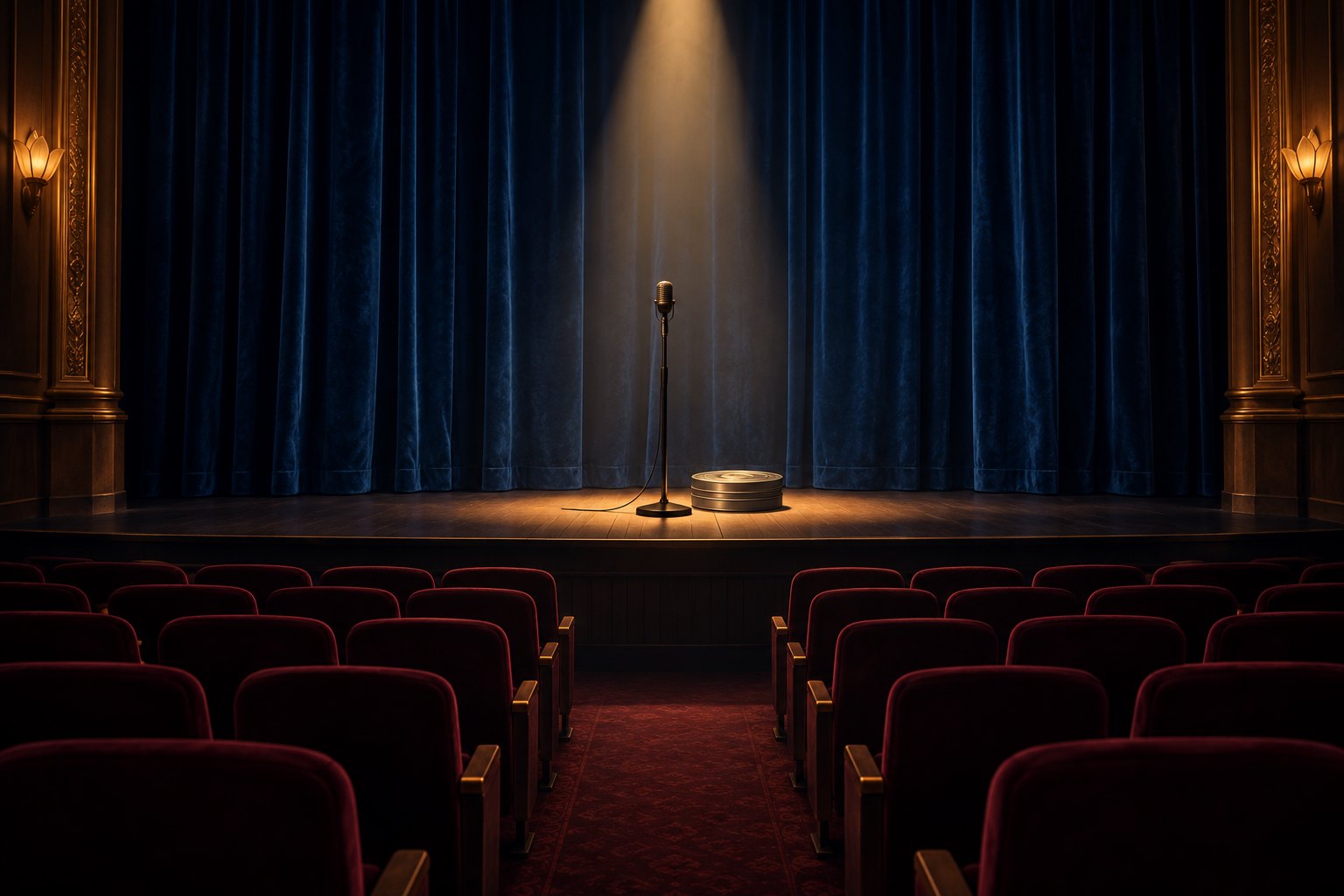 Conceptual illustration of an empty cinema facing blue curtains, with a microphone and film canister under a spotlight.