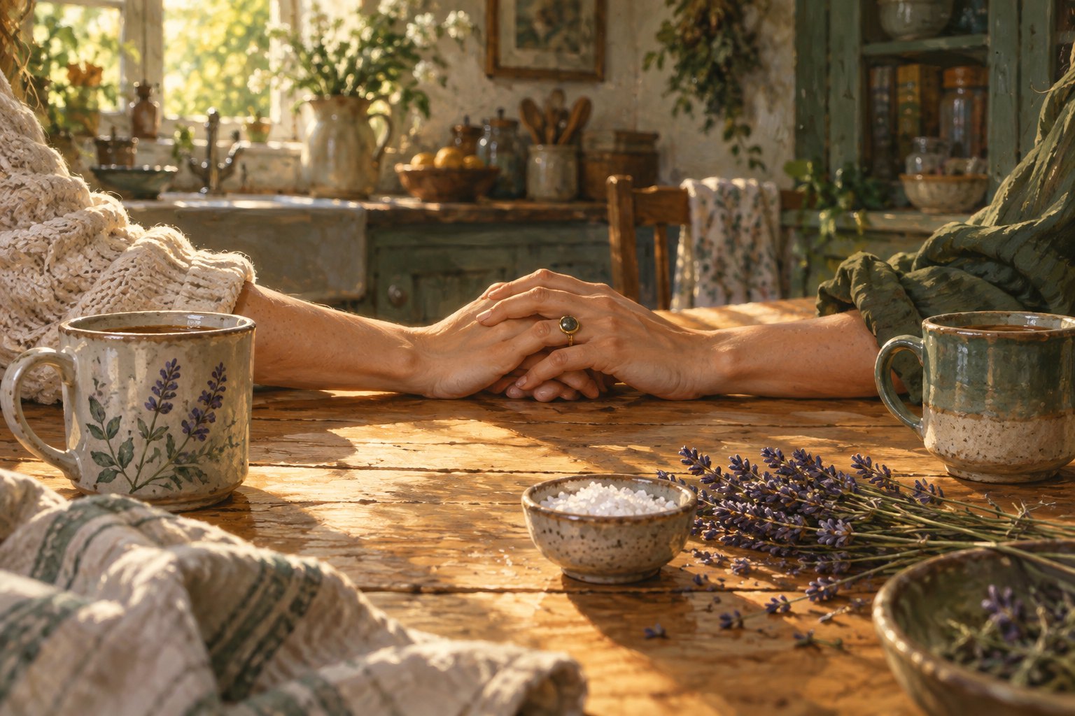 Conceptual illustration of two women clasping hands across a sunlit kitchen table beside ceramic mugs, salt, and lavender.