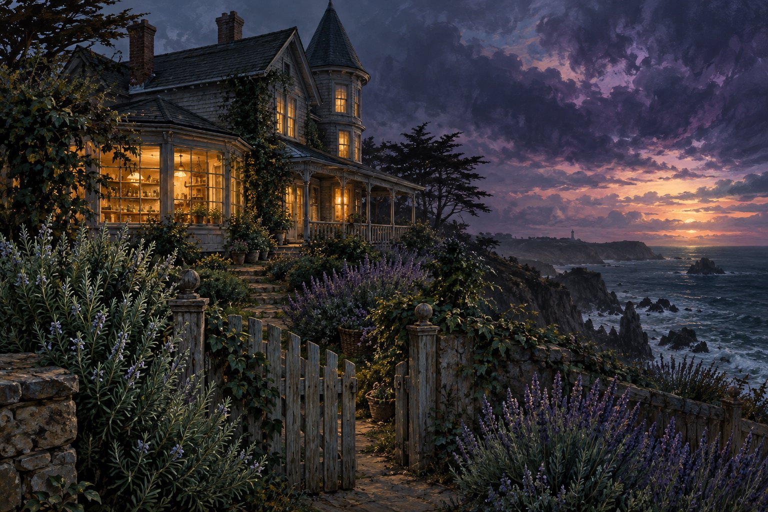 Painterly illustration of a coastal Victorian house with glowing windows, a garden gate, and lavender beneath a stormy twilight sky.