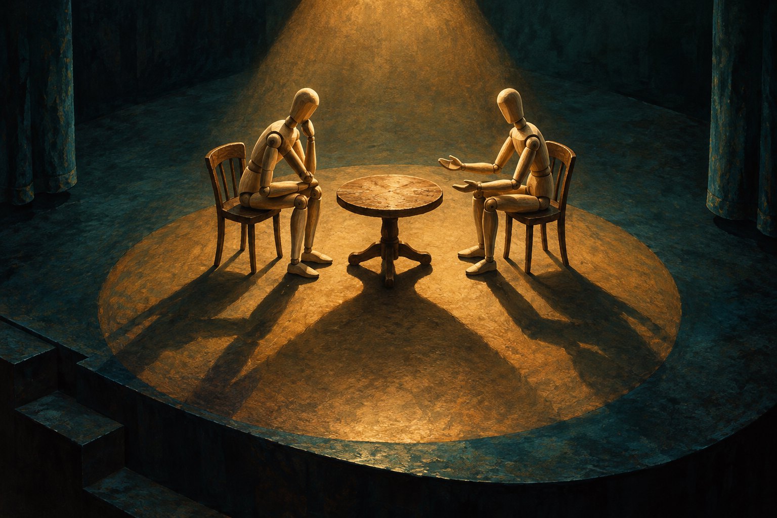 Conceptual illustration of two wooden figures facing each other across a round table under a warm stage spotlight.
