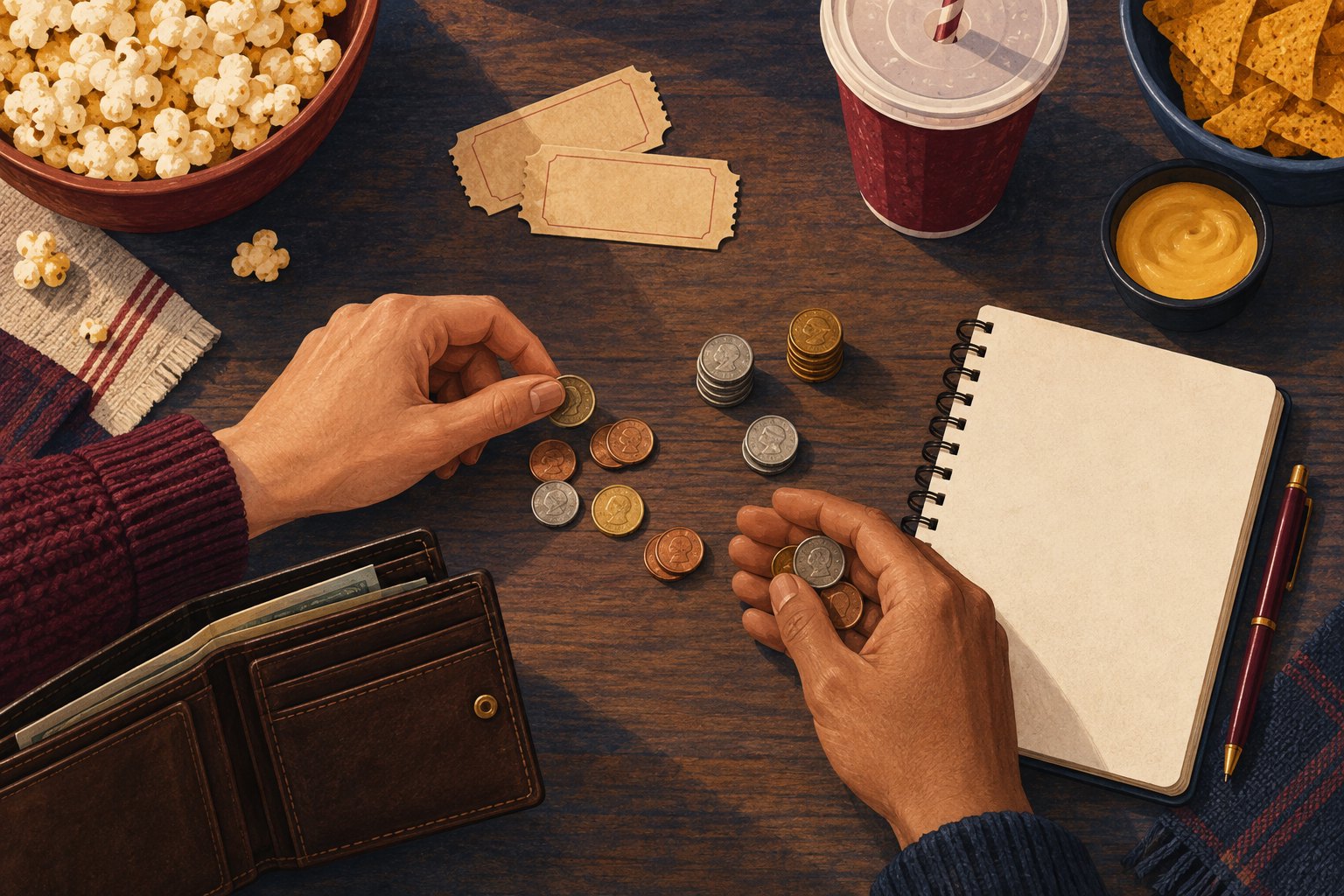 Overhead illustration of hands sorting coins beside blank movie tickets, an open wallet, a notebook, and movie snacks.