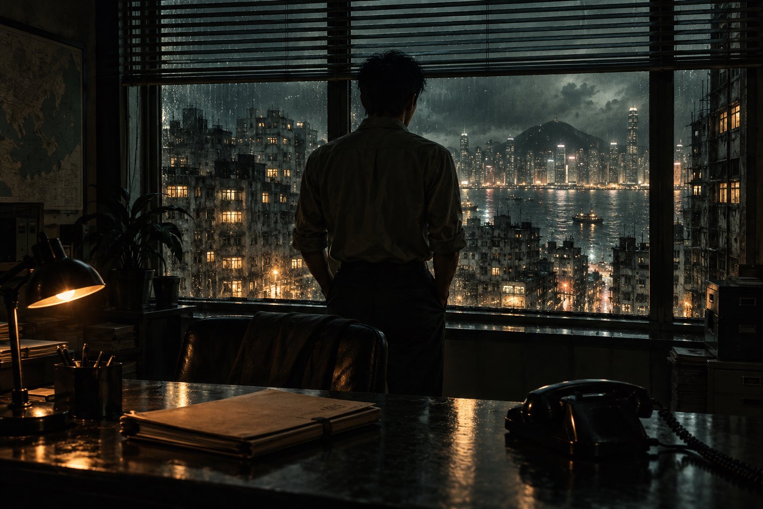 原创主题插画：男子背对观众站在百叶窗前，望向雨夜香港，前景桌上摆着档案夹和有线电话