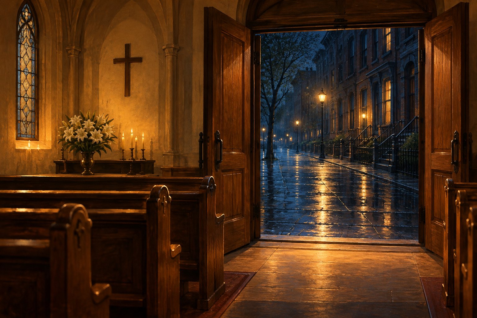 Conceptual illustration of a warmly lit church opening onto a rain-darkened city street, evoking the tension between sanctuary and danger.