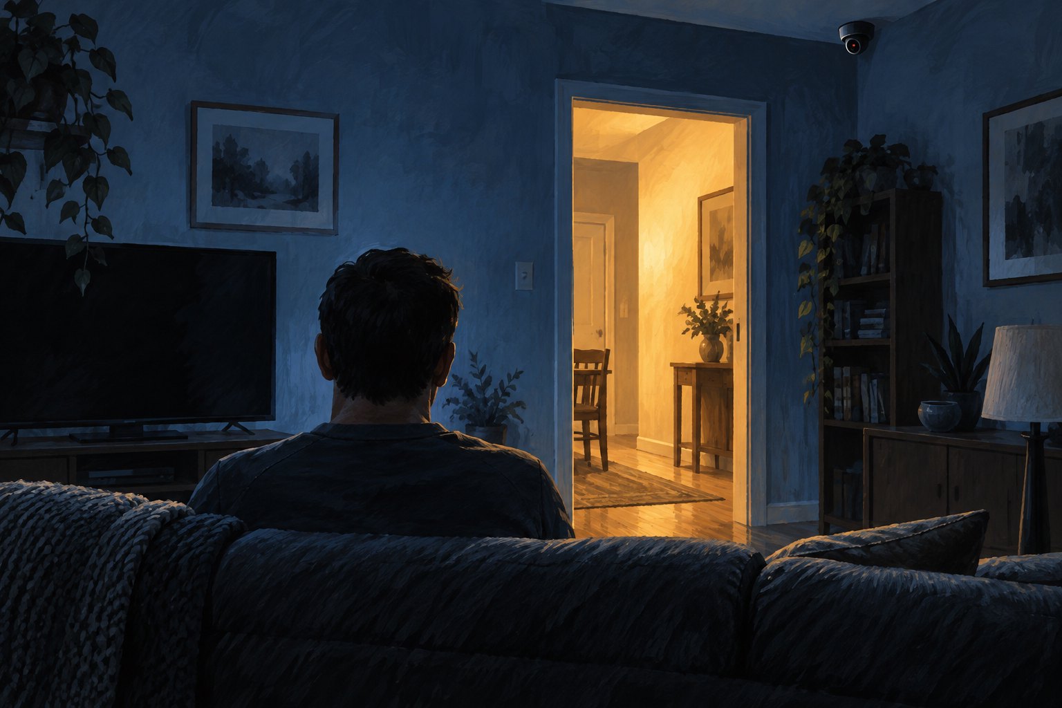 Conceptual illustration of an adult man sitting beneath a surveillance camera in a blue living room with a warmly lit doorway.
