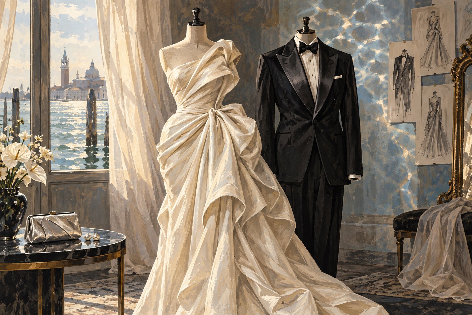 Conceptual illustration of an ivory sculptural gown and black tuxedo on mannequins in a sunlit Venetian atelier.