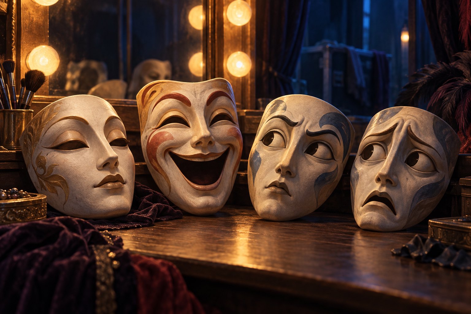 Conceptual illustration of four expressive theatrical masks on a warmly lit backstage dressing table.