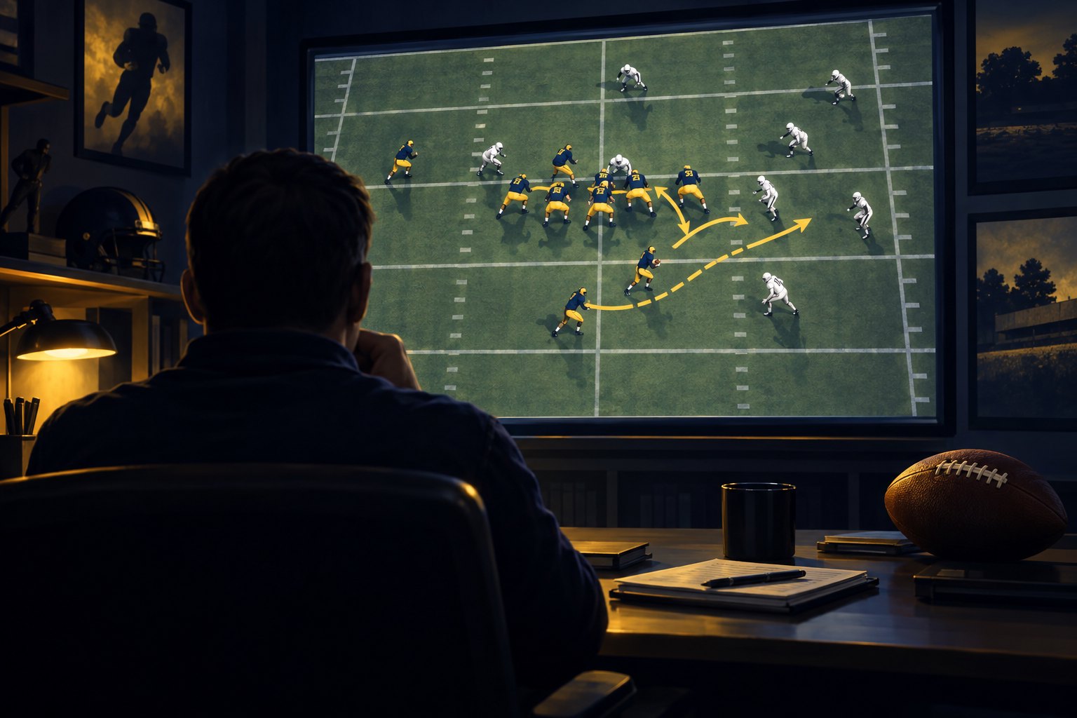 Editorial illustration of an analyst studying a football play on a large screen in a dark film room.