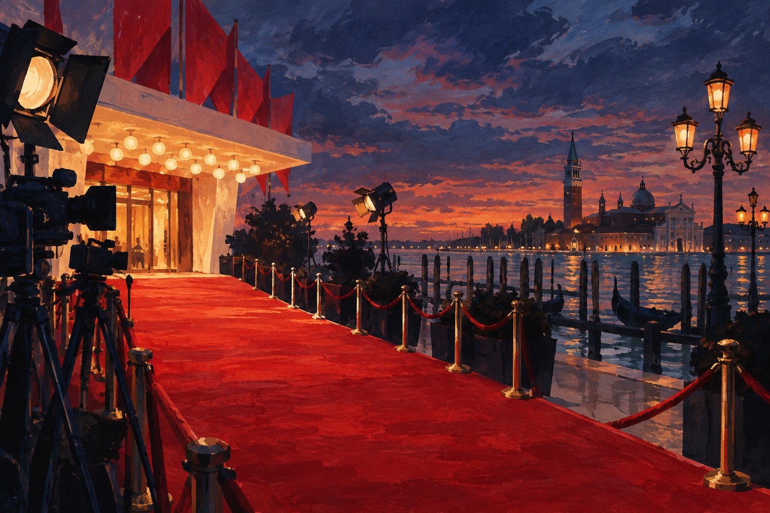 Editorial illustration of an empty red carpet beside a Venetian waterfront at twilight, framed by cameras and warm cinema lights.