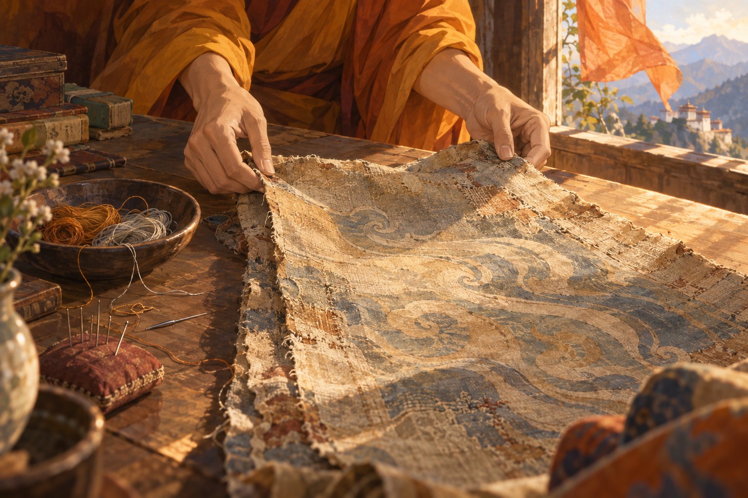 橙衣人物在窗边展开风纹旧织物的传承主题插画，非电影剧照