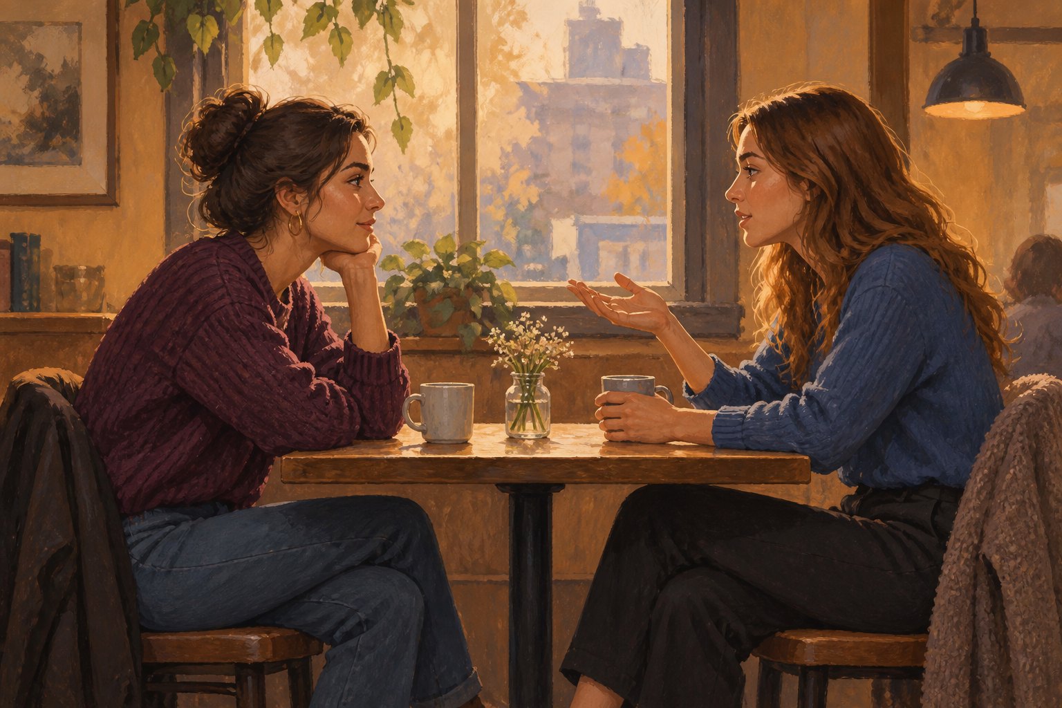 Conceptual illustration of two young women talking across a cafe table, emphasizing gesture and attentive listening.