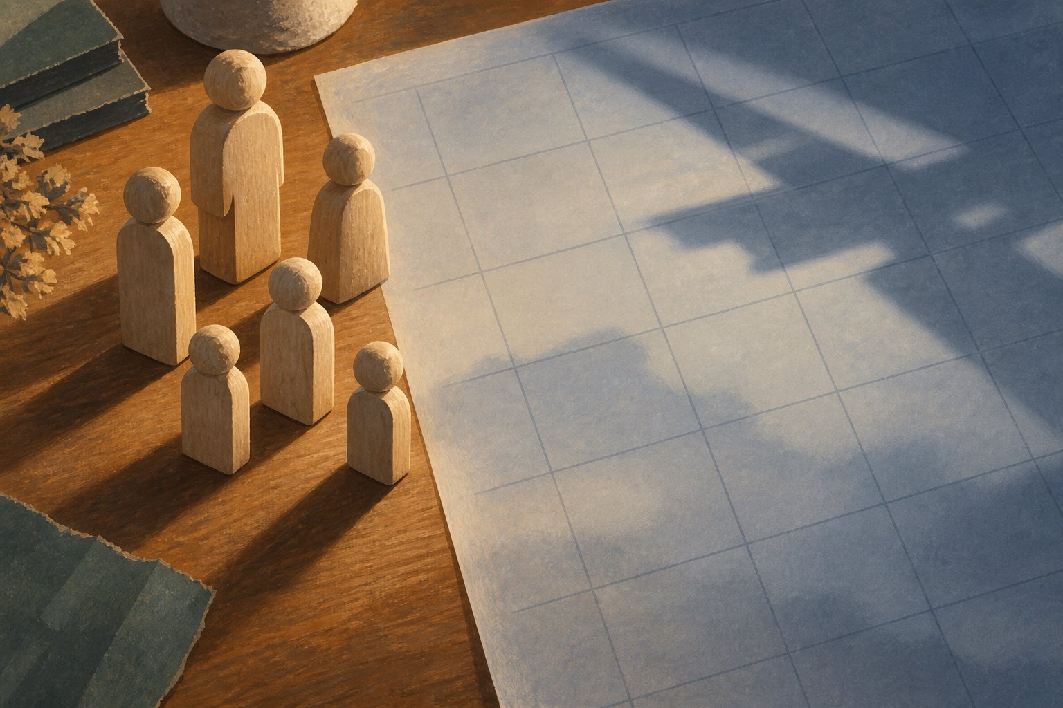 Conceptual illustration of wooden human figures beside an empty grid, suggesting the reduction of individual lives to categories.