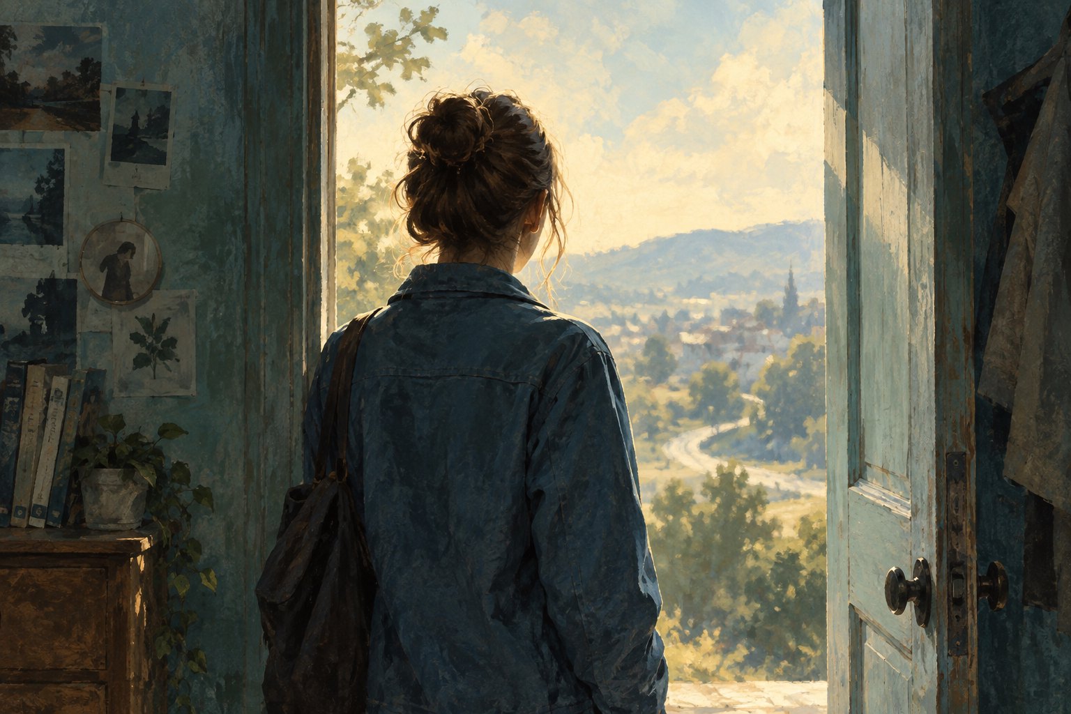 Conceptual illustration of a young woman in a blue jacket looking through an open doorway toward daylight.