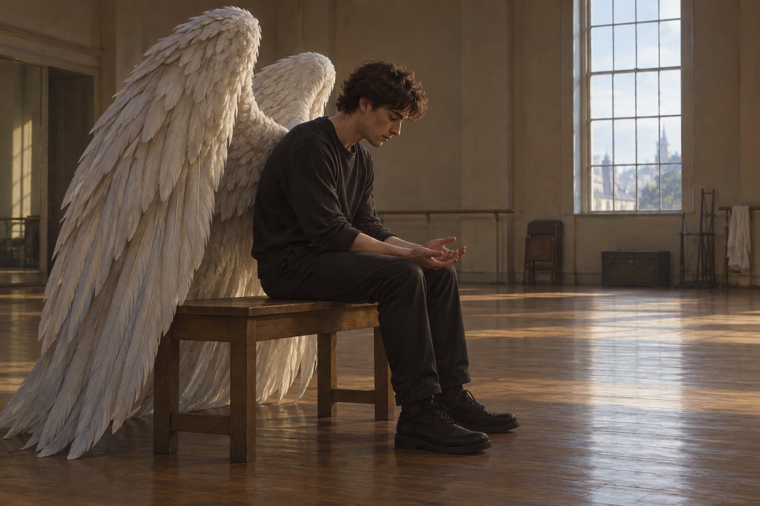 Conceptual illustration of a young winged man seated on a wooden bench, looking at his hands in a quiet sunlit room.