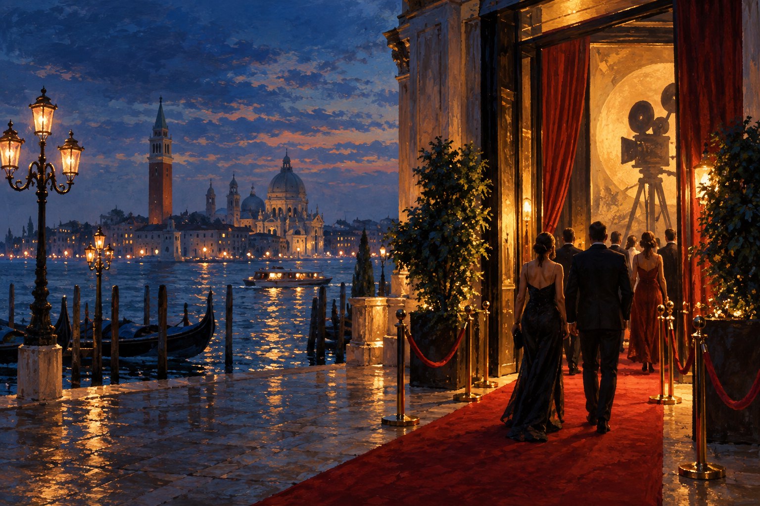 Conceptual illustration of guests entering a warmly lit waterfront cinema in Venice at dusk.