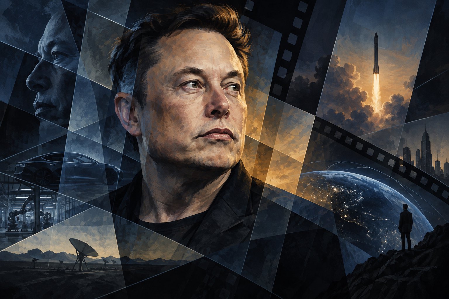 Conceptual illustration of Elon Musk in overlapping panels with rockets, film strips, and Earth.