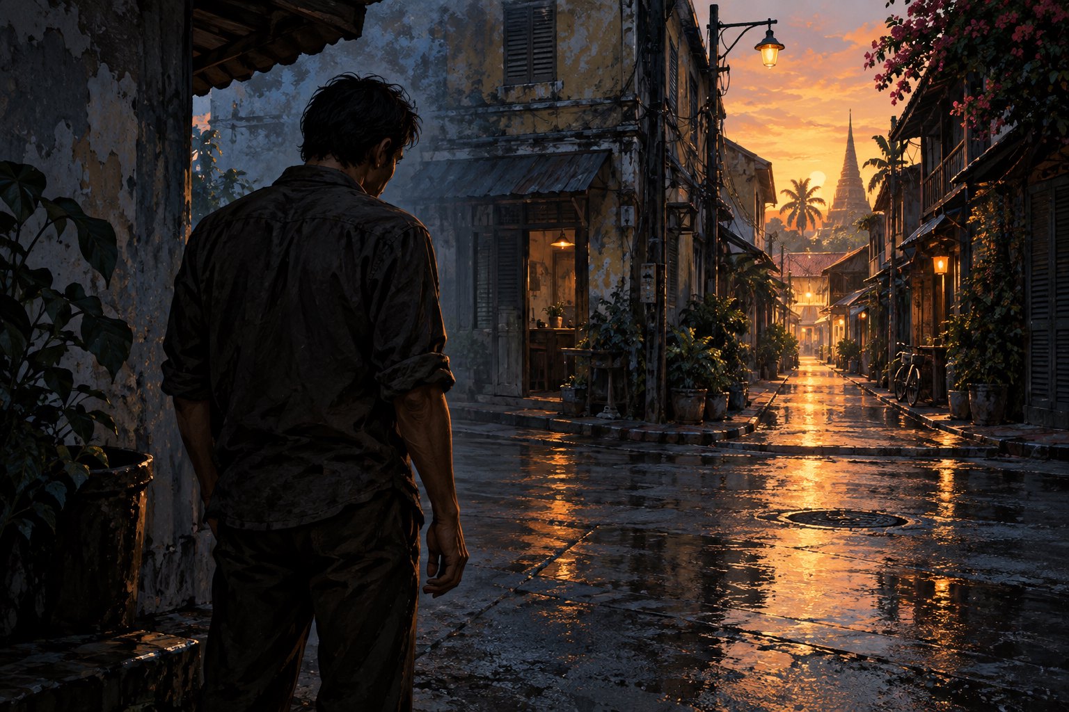 主题插画：疲惫男子站在雨后旧城街巷，望向夕阳照亮的远处