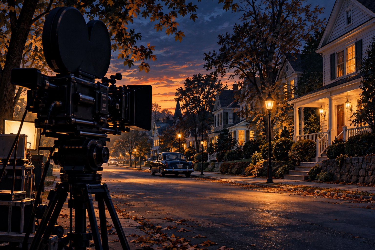 Conceptual illustration of a movie camera overlooking a leafy residential street with glowing porch lights at dusk.
