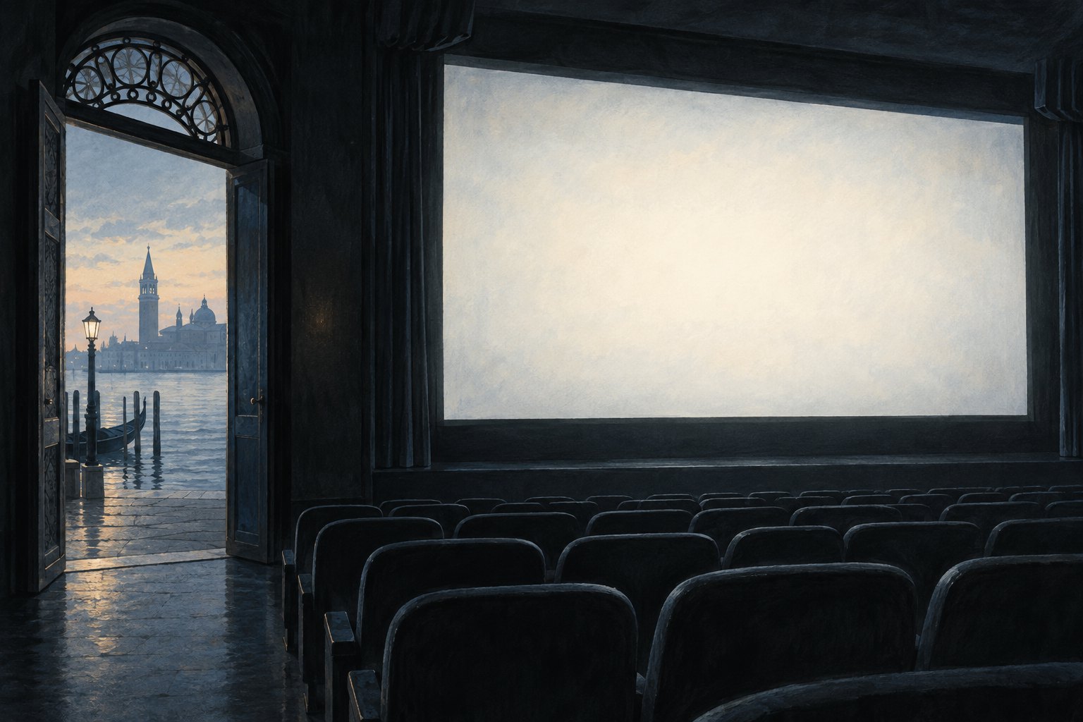 Conceptual illustration of an empty cinema with a glowing blank screen and a doorway overlooking a Venetian waterfront.