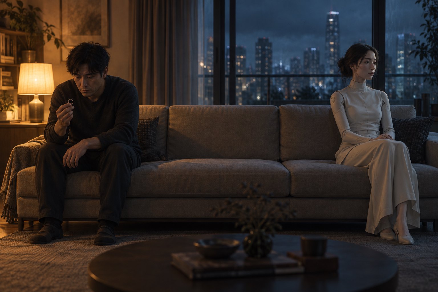 概念插画：昏暗公寓里，孤独男子与女性仿生人分坐沙发两端，冷暖光线映出彼此的距离