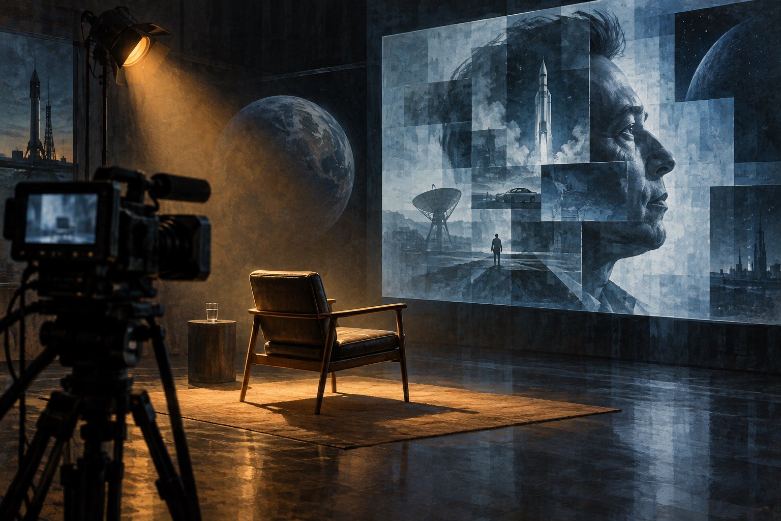 Conceptual illustration of an empty interview chair and camera facing a fragmented portrait on a screen.