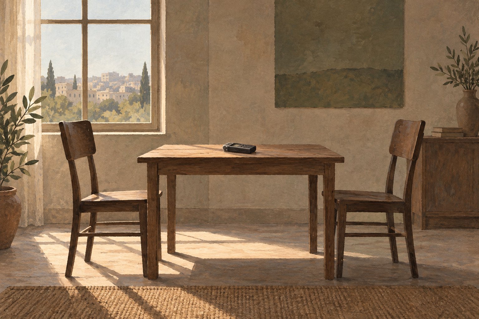 Conceptual illustration of an audio recorder on a wooden table between two empty chairs in a sunlit room.