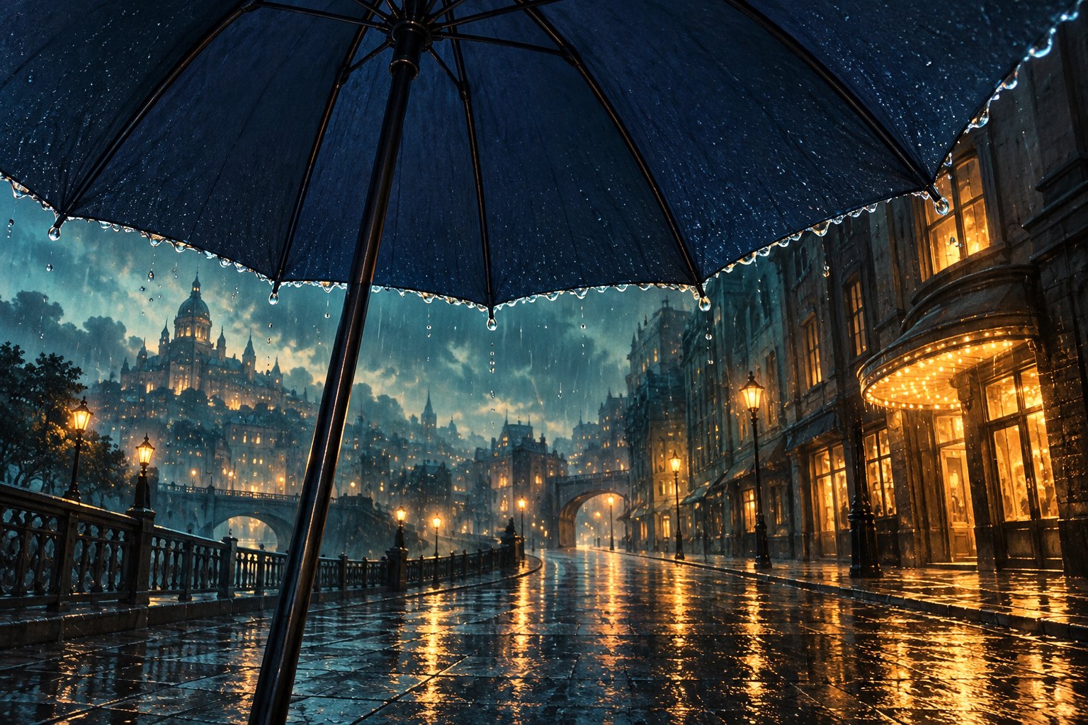 深藍色雨傘映襯雨夜街道的冷暖光影，呈現電影融入日常的概念，非實際商品。
