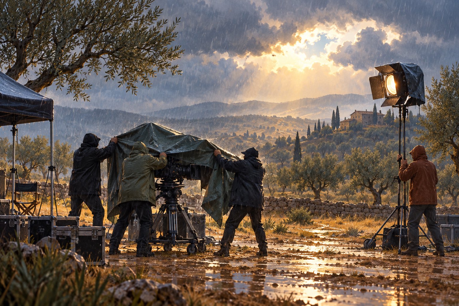 Symbolic editorial illustration of crew members protecting a movie camera from rain on a rural film set.