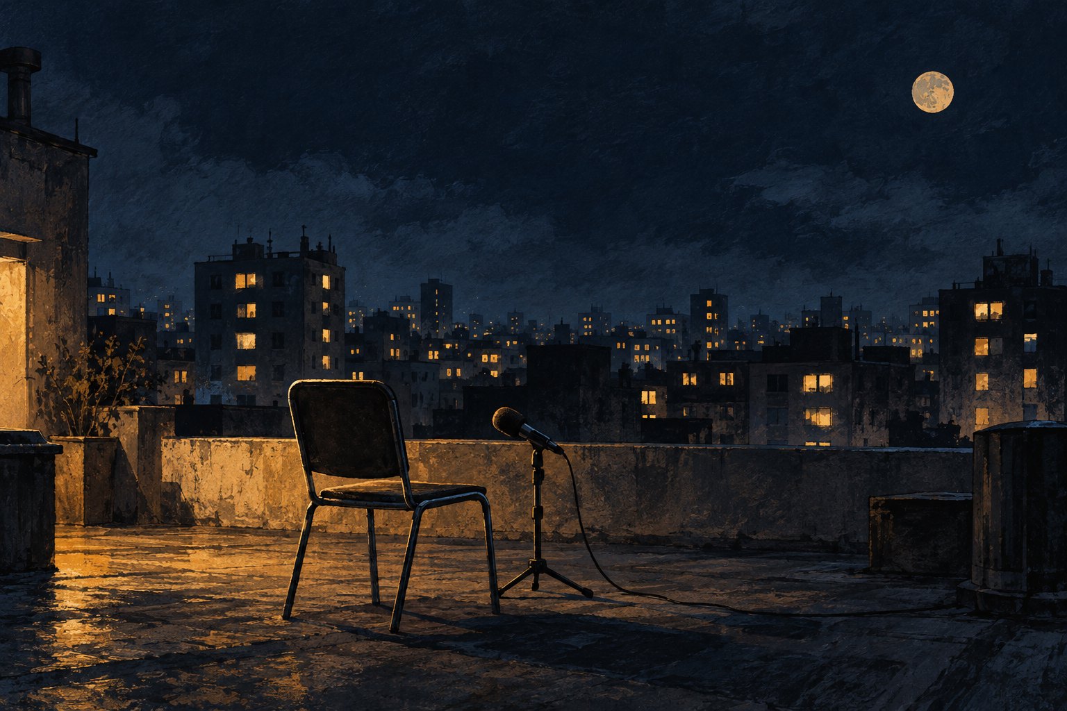Conceptual illustration of an empty chair and microphone on a moonlit rooftop overlooking illuminated apartment windows.