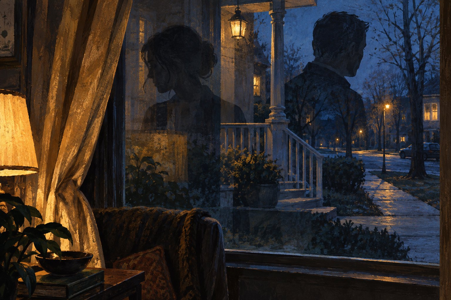 Conceptual illustration of two silhouettes reflected in a window overlooking a quiet porch and street at twilight.