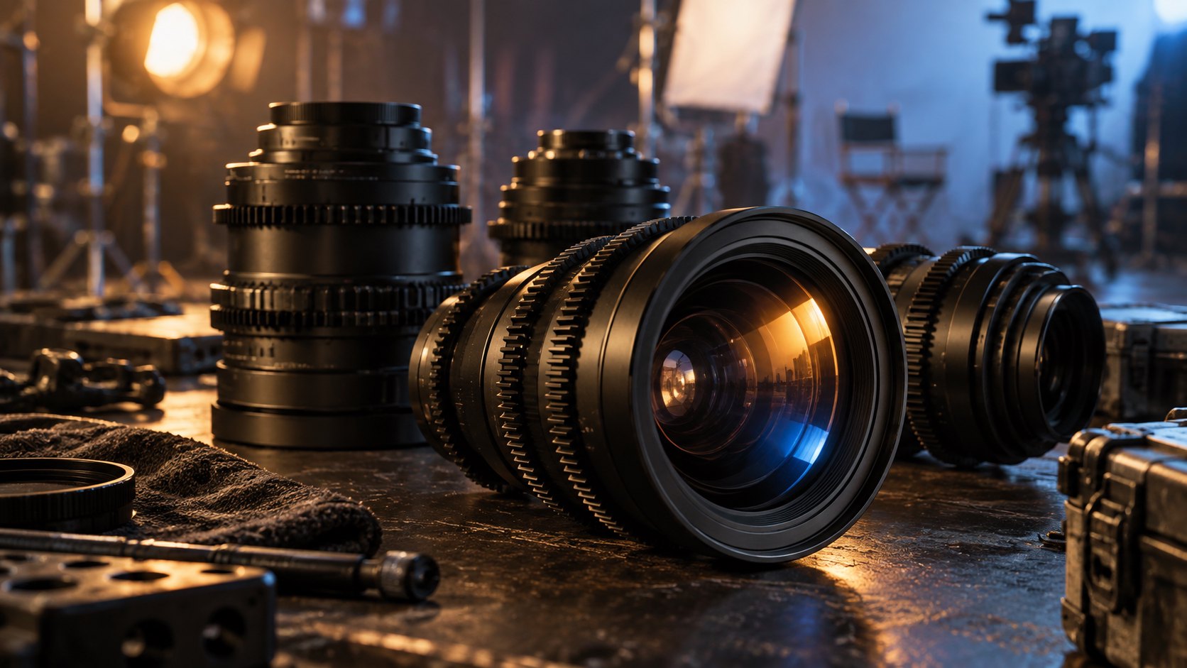 冷暖光線下的無品牌電影鏡頭與攝影工作檯,為概念示意,非 Nikon 新品實拍