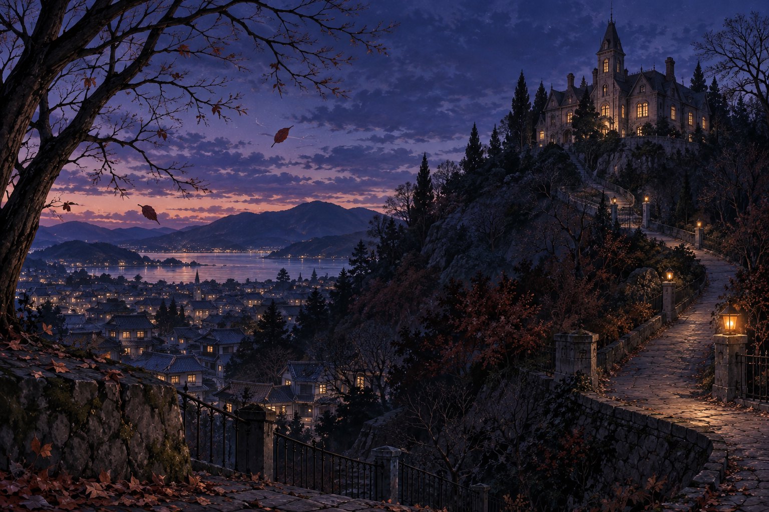 Concept illustration of an illuminated hilltop mansion above a Japanese town at twilight, with a winding stone path in the foreground.