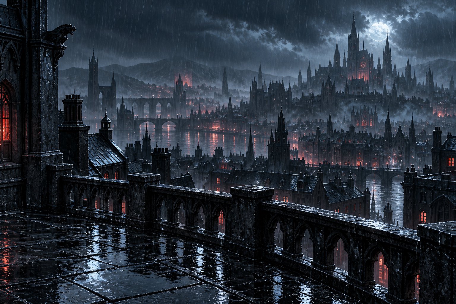 城市危机主题概念插画：雨夜空旷的石质露台外，哥特式建筑笼罩在蓝灰雾气与零星红光中
