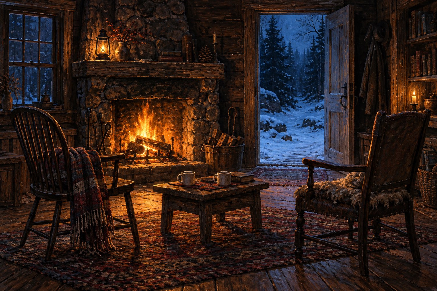 Conceptual illustration of two empty chairs beside a cabin hearth, with an open doorway overlooking a snowy forest.