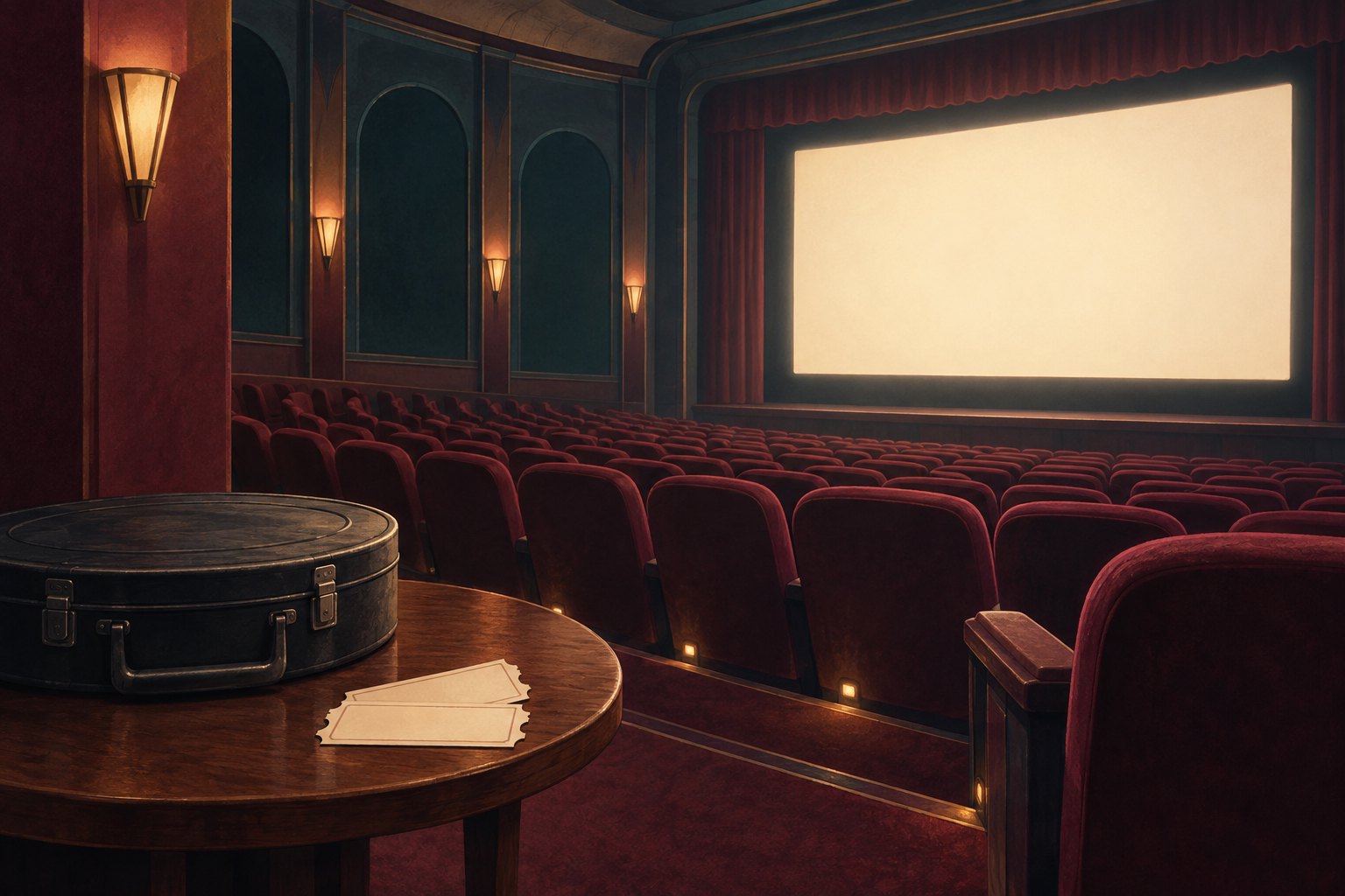 Conceptual illustration of an empty cinema with a blank screen, a closed film case, and unmarked tickets.