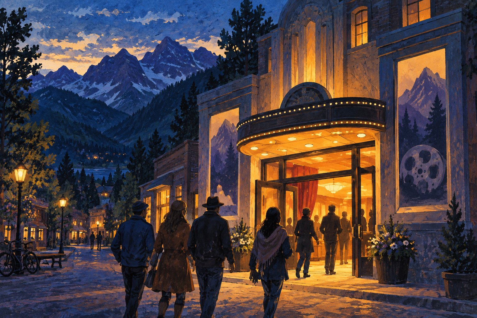 Painterly illustration of filmgoers approaching a warmly lit mountain-town cinema at dusk.