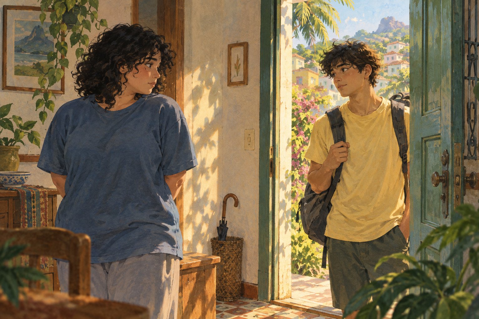 原创意境插画：夏日住宅门口，穿蓝色上衣的丰满青年与背着旅行包的青年相互望向对方