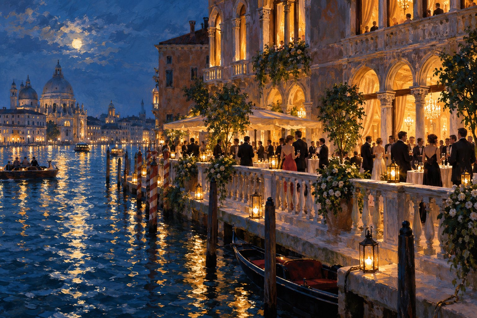 Conceptual illustration of an imagined Venetian evening reception beside a canal, with formally dressed guests and golden palace lights.