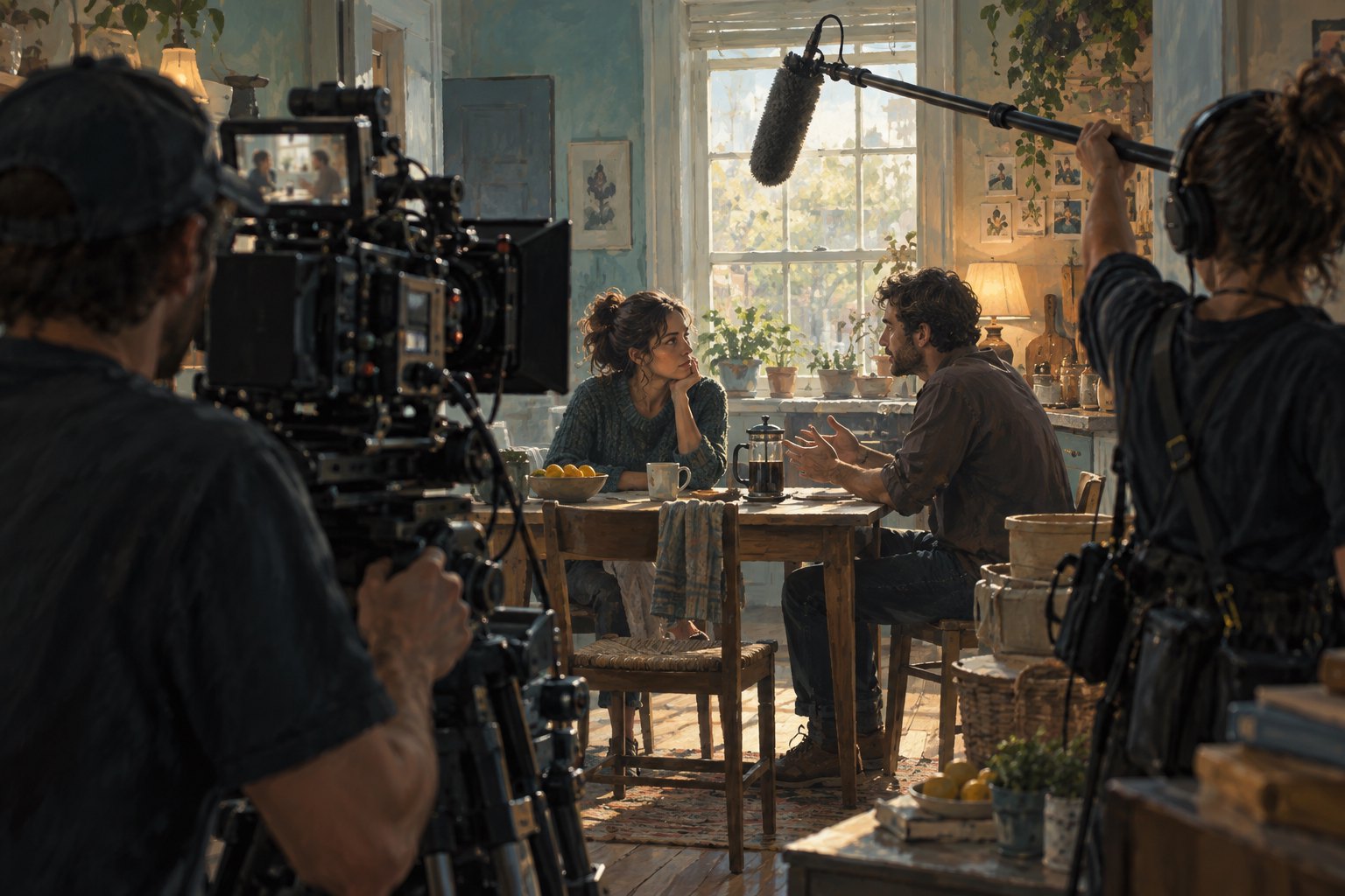 Painterly illustration of a camera and sound crew filming two actors across a kitchen table.