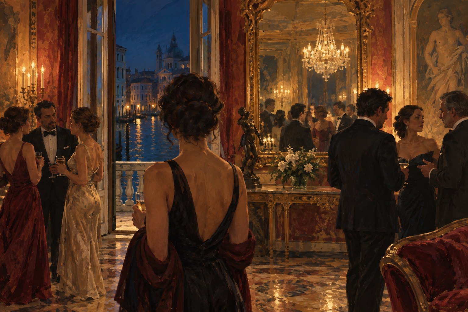 Conceptual illustration of guests at an imagined Venetian palace reception, reflected in a large mirror beneath a chandelier.
