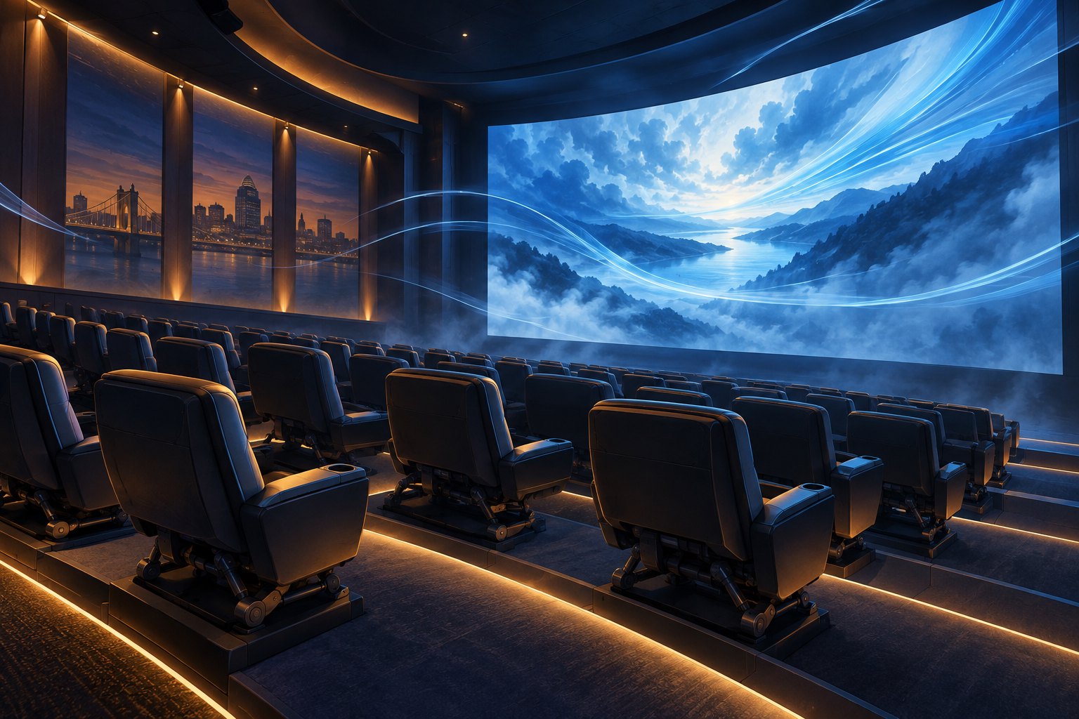 Concept illustration of an imagined motion-seat cinema with amber aisle lighting and blue atmospheric swirls before a large screen.