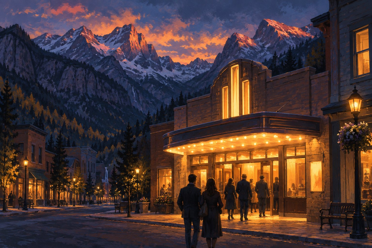 Painterly illustration of moviegoers approaching a warmly lit cinema beneath mountain peaks at dusk.