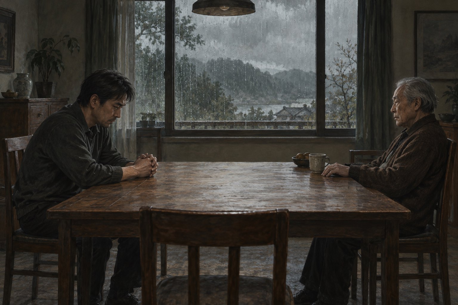 主题插画:阴雨窗前,中年男子与年迈父亲隔着木桌沉默相对