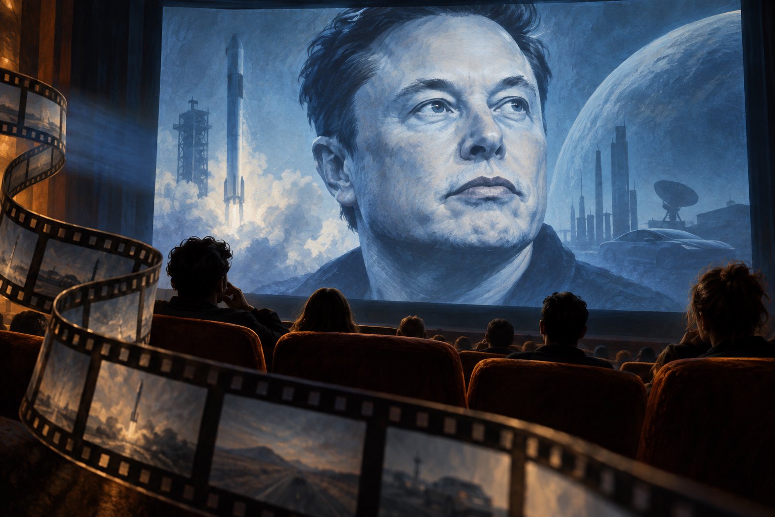 Conceptual illustration of Elon Musk on a large cinema screen above audience silhouettes, with a curling filmstrip in the foreground.