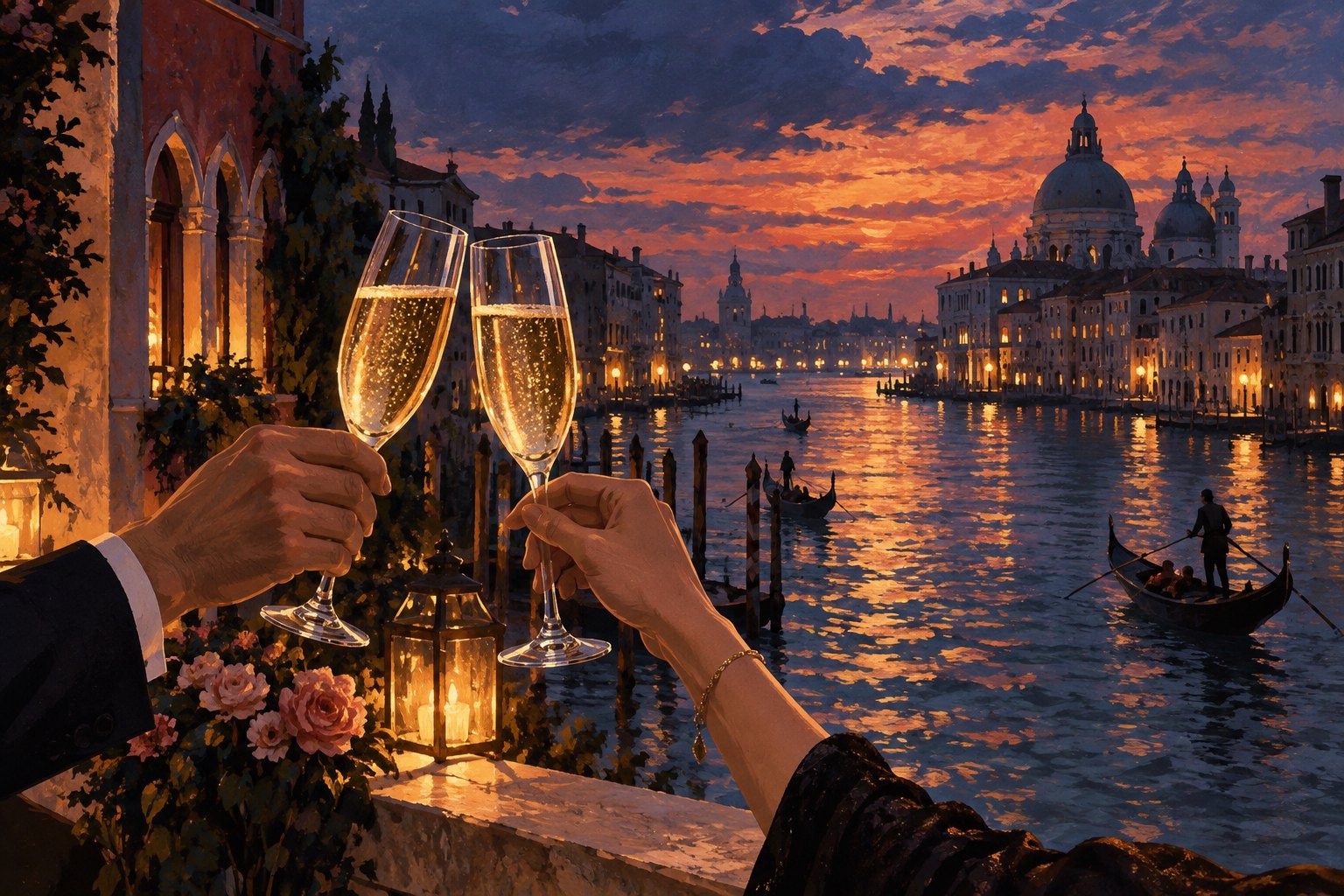 Conceptual illustration of raised champagne glasses overlooking a Venetian canal at twilight.