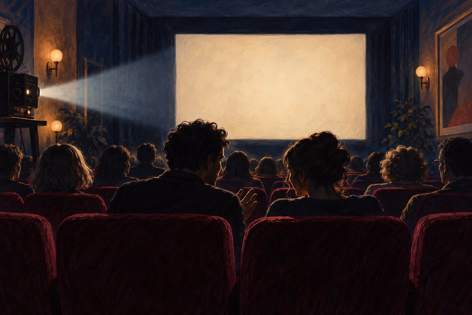 Conceptual illustration of moviegoers in a small screening room, with two audience members turning toward each other beneath a projector beam.