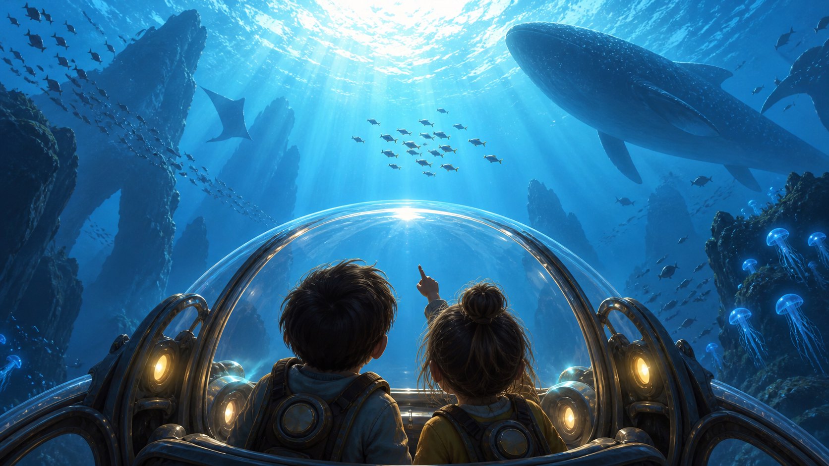 兩名探險者坐在透明觀景艙內仰望魚群與大型海洋生物，為童年冒險想像示意，非電影劇照