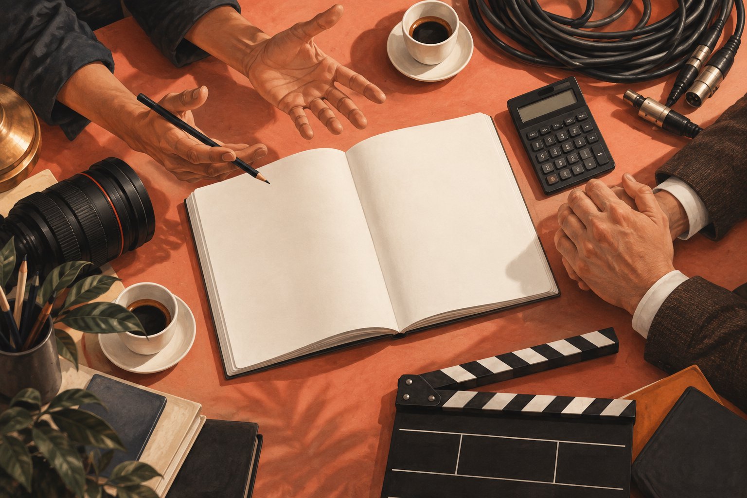 Conceptual illustration of two collaborators discussing an open notebook beside coffee cups and filmmaking equipment.