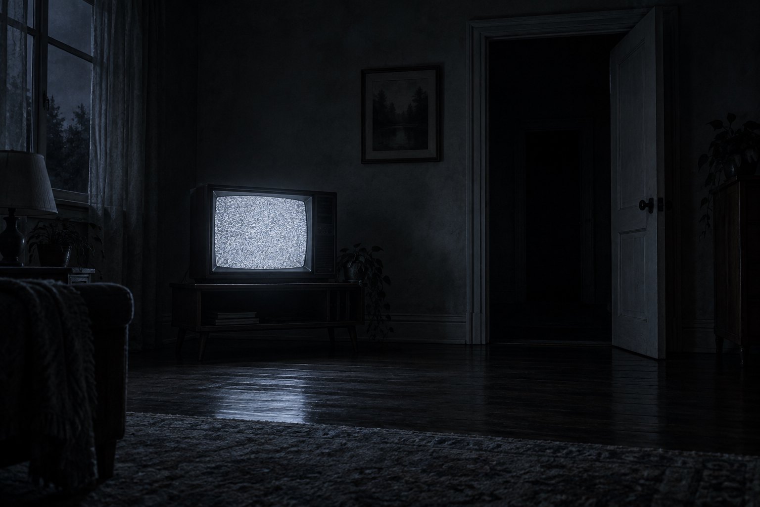 Conceptual illustration of a television displaying static beside an open doorway in a dark, empty room.